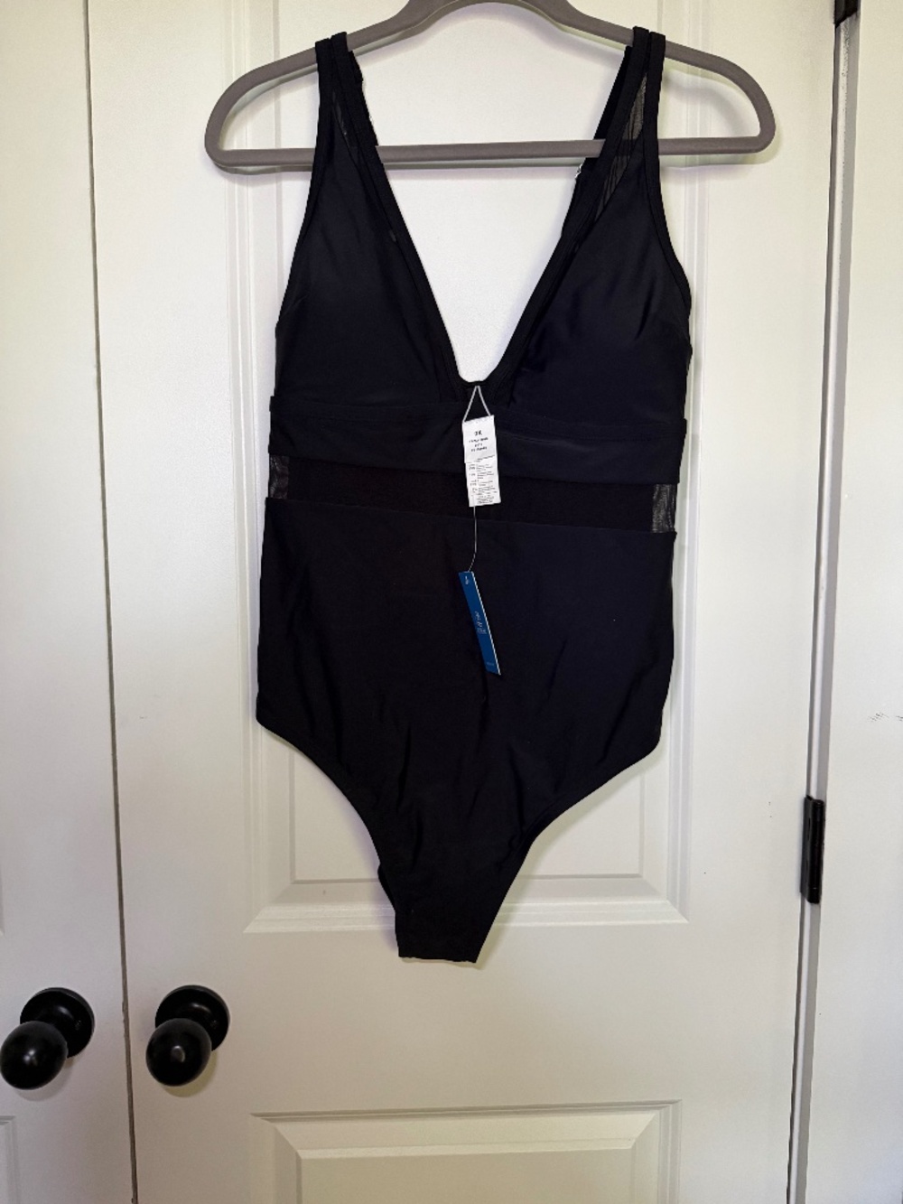 NWT Cupshe Black V-Neck One Piece Swimsuit 1X | Sheer Mesh Detail | Resort